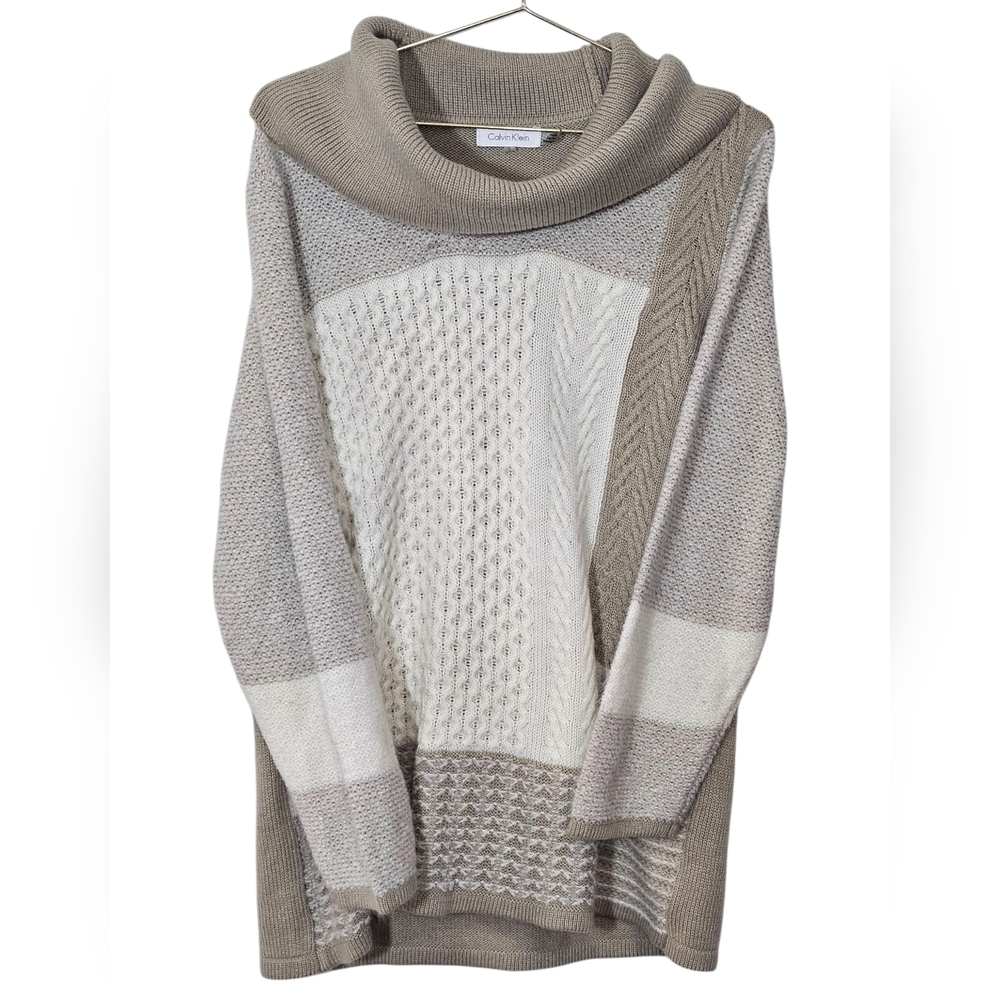 Calvin Klein Womens Cable Waffle Knit Sweater Sz L Brown Acrilic Wool ColorBlock
